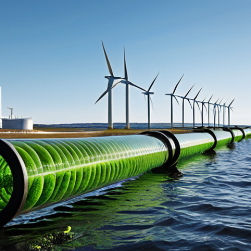 **Image Prompt:** A futuristic algae farm off the coast of Sweden. Large transparent tubes stretch into the Baltic Sea, filled with vibrant green algae. In the background, wind turbines spin gently, and a modern research facility stands on the shore. The scene conveys sustainable energy production and technological innovation.